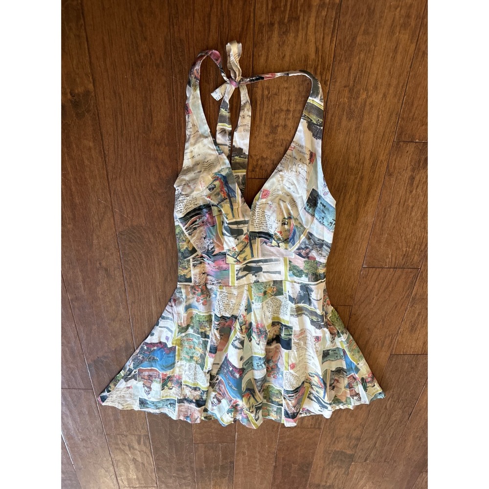 Boden Halter Neck Peplum Dress Postcard Collage Print‎ Tie  Back Women US2P